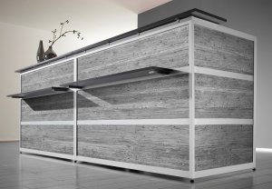 moderne Empfangstheke Front in Vintage-Holzdekor moderne Empfangstheke Front in Vintage-Holzdekor braun