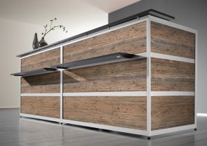 moderne Empfangstheke Front in Vintage-Holzdekor moderne Empfangstheke Front in Vintage-Holzdekor braun
