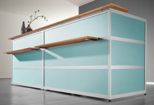 Empfangstheke in Alu-Leichtbauweise Kunstglas frostgrün satiniert