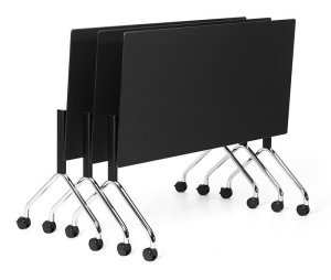 robuster Seminartisch mit Laufrollen platzsparende Lagerung einfahrbare Tischgestelle hochklappbaren Tischplatte