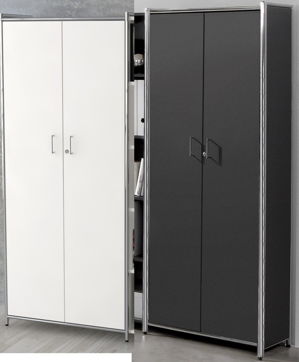 moderner Büroschrank mit einem offenen Schrankfach und einem großen abschließbaren Schrankfach