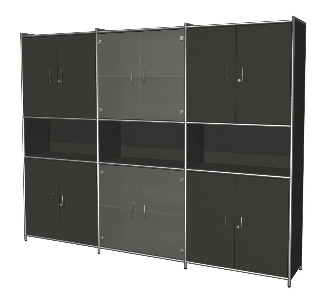  B&uuml;roschrankwand in anthrazit mit abschlie&szlig;baren Holzt&uuml;ren und Glast&uuml;ren