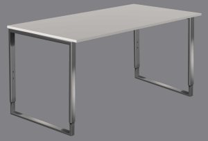 höhenverstellbarer Schreibtisch mit Edelstahl-Bügelgestell und weißer Tischplatte mit Kabelkanal