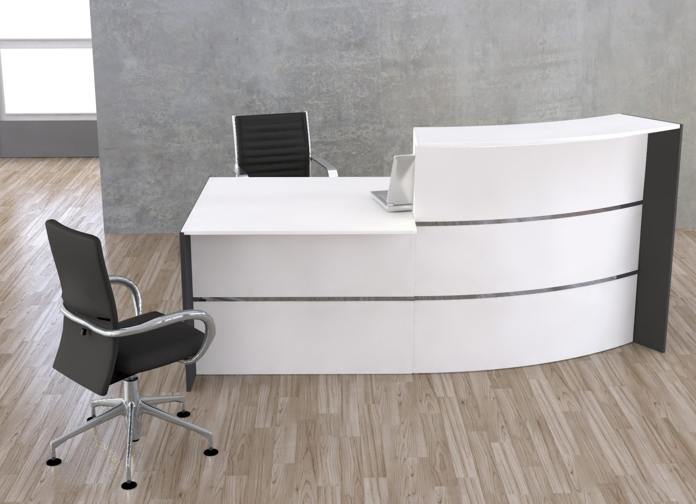 gebogener Kundenberatertisch mit Sitzplatz für Kunden