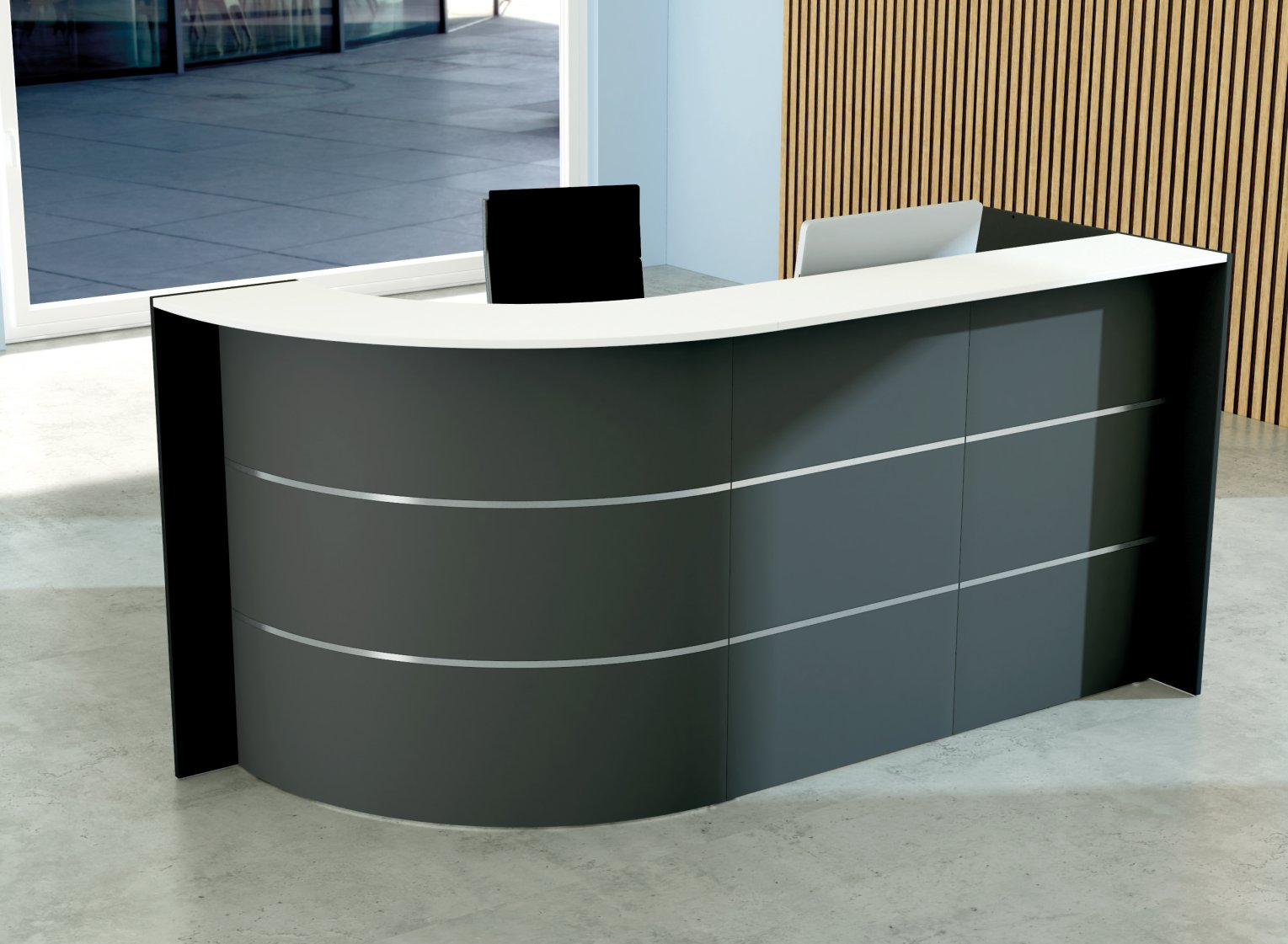 Günstige Empfangstheke Bari UP mit Sitz-Steharbeitsplatz Arbeitshöhe bis 105 cm