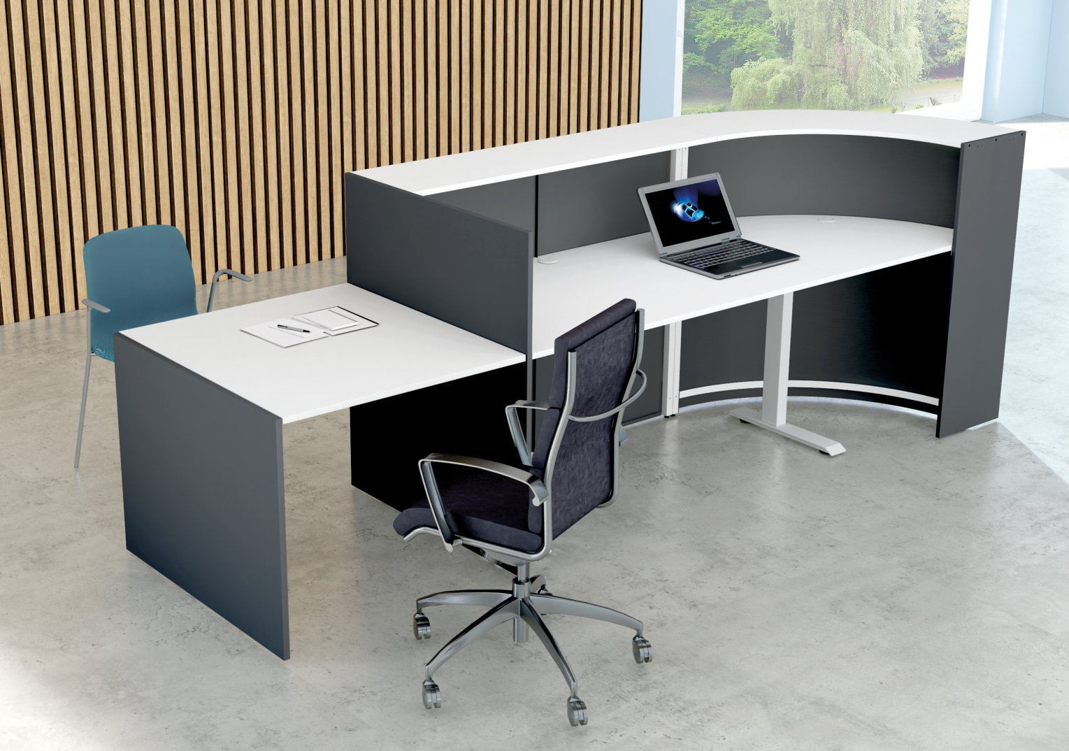 preiswerte Beratungs- und Empfangstheke  mit Sitz-Steharbeitsplatz und Besprechungs-Ansatztisch