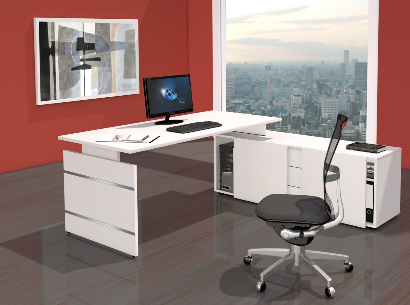 Büroarbeitsplatz-weißer-Wangenschreibtisch-Büro-Sideboard