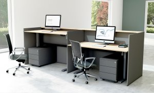Büro-Empfangstheke mit zwei elektrisch höhenverstellbaren Sitz- / Stehschreibtischen für 2 Arbeitsplätze
