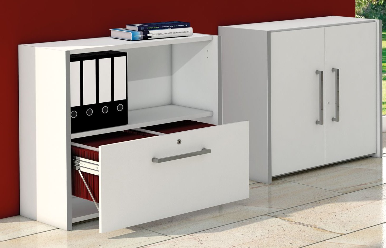 weißes Büro-Sideboards mit Hängeregister-Schublade