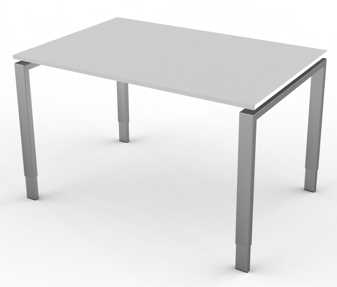 Stahlgestell-Schreibtisch höhenverstellbar lichtgraue Tischplatte mit Kabelkanal Stahlgestell-Schreibtisch höhenverstellbar lichtgraue Tischplatte mit Kabelkanal