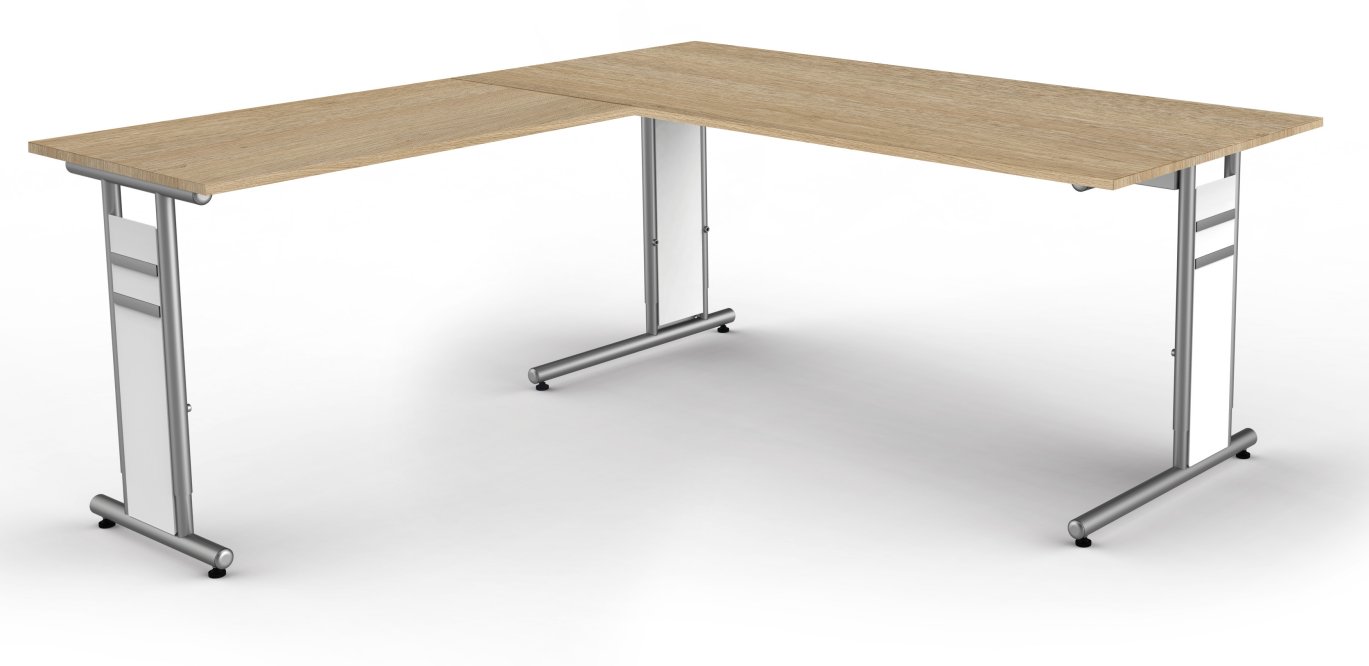 höhenverstellbarer Eiche-Holz-Winkelschreibtisch mit großem Kabelkanal höhenverstellbarer Eiche-Holz-Winkelschreibtisch mit großem Kabelkanal