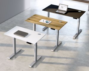 elektrisch höhenverstellbarer Sitz- und Stehschreibtisch mit geringer Stelltiefe