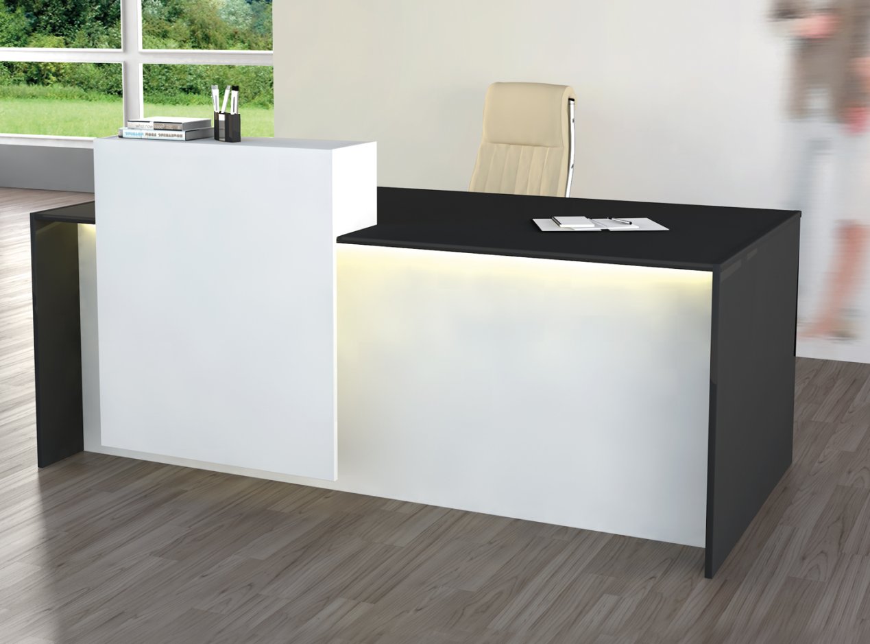 Kundenberater-Tisch mit LED-Beleuchtung flexibler Sichtschutz und viel Beinfreiheit