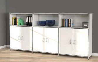 Büro-Highboard mit 3 offenen Schrankfächer und 3 große Schrankfähcher mit abschließbaren Türen