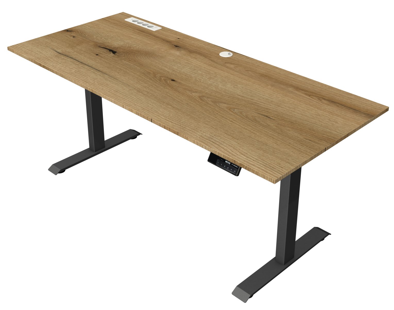 großflächiger Sitz- u. Stehschreibtisch mit eingebauten Strom- u. USB-Anschlüssen