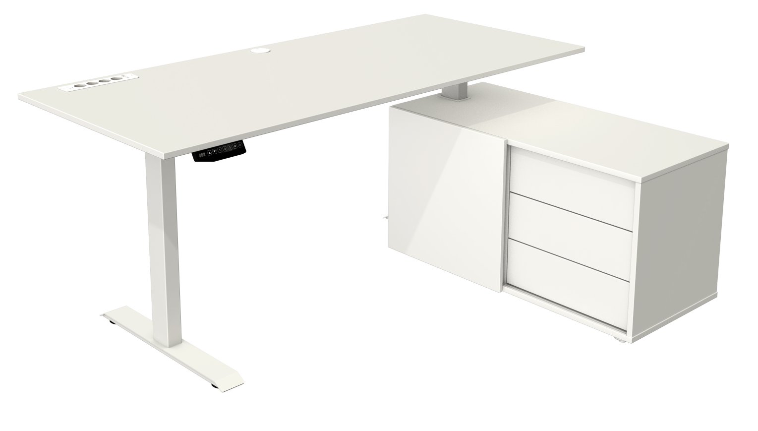 weißer Sitz-Stehschreibtisch mit USB-Ladeports auf Büroschrank als platzsparender Büro-Komplettarbeitsplatz