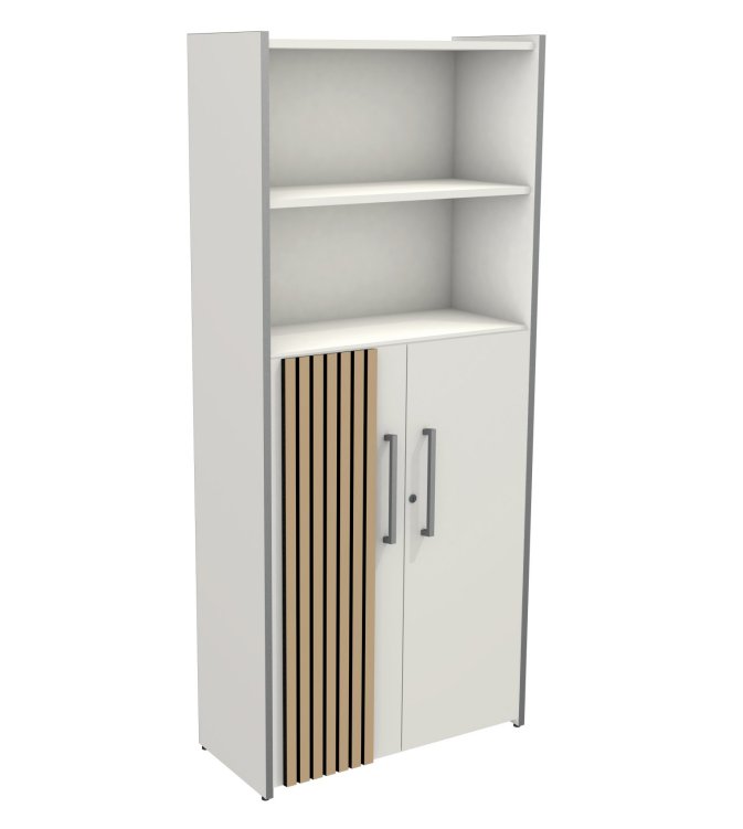 weißer Büroschrank Schranktüren mit Eichenholzstreifen und offene Schrankfächer