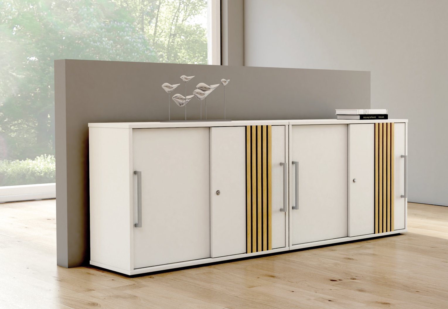 Moderner Büro-Holzschrank weiß Schiebetüren schallabsorbierende Holzlamellen