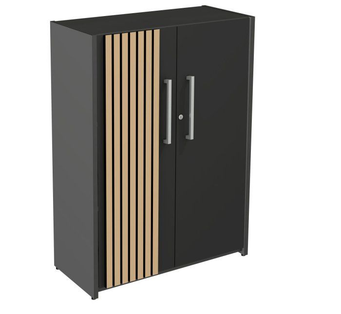 anthrazitfarbener Büroschrank doppelflüglige Drehtüren elegante Holzlamellen geräuschabsorbierend