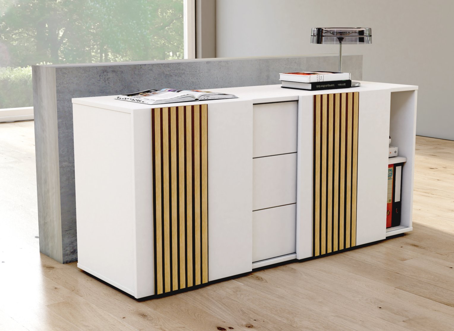 Weißes Büro-Sideboard Oxford mit Holzlamellen, geräuschabsorbierende Schiebetüren und Schubladen