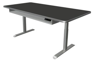 Sitz-Stehschreibtisch (200 x 100 cm) mit anthrazitfarbener Tischplatte und Ablageboard unterhalb der Tischplatte