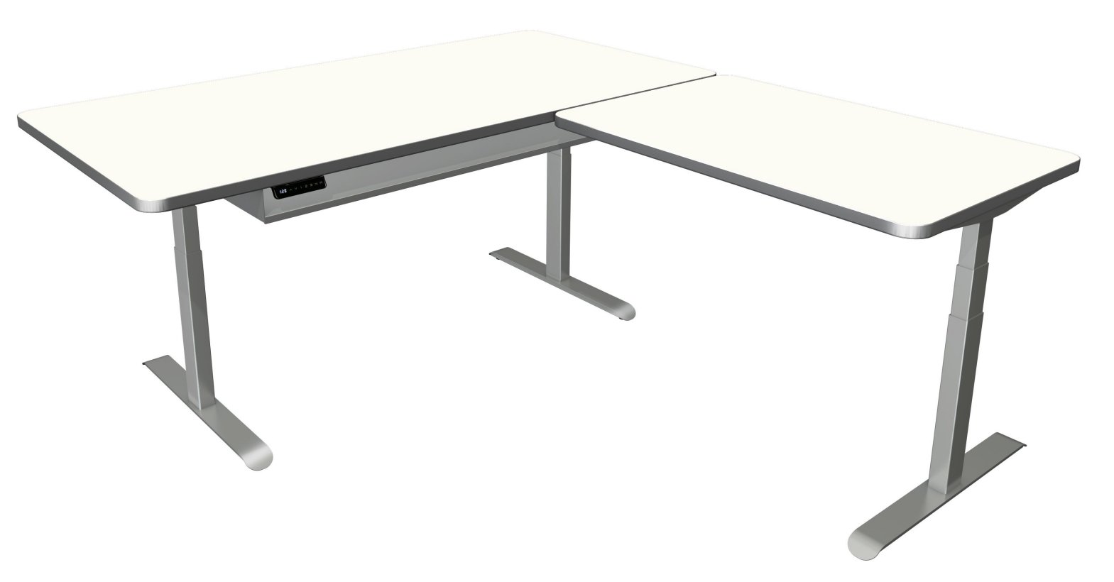 Sitz- und Stehschreibtisch als Eckschreibtisch 200 x 220 cm speicherbare Arbeitshöhe
