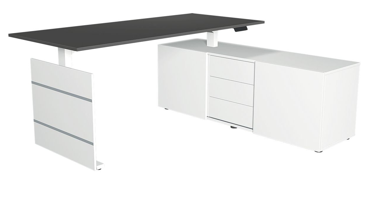 platzsparender Sitz- u. Stehschreibtisch mit Büro-Sideboard als Tischauflage