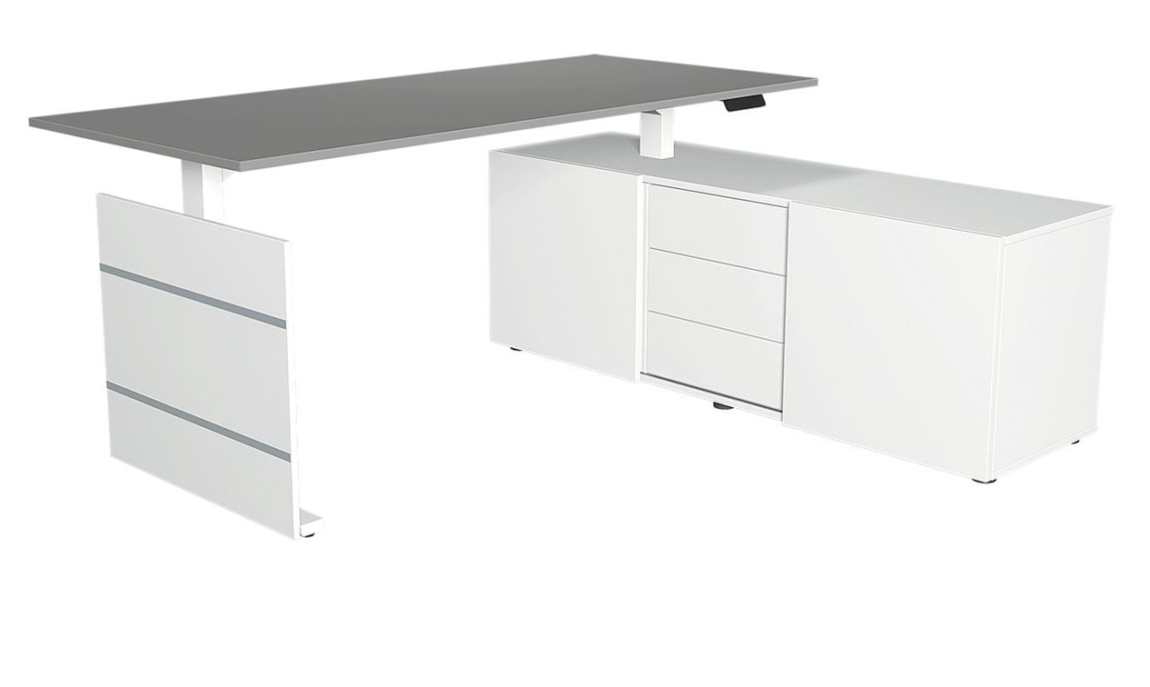 elektrisch höhenverstellbarer Sitz- und Stehschreibtisch mit Büroschrank als Tischauflage