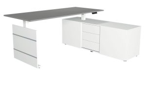 Sitz- und Steh-Auflagenschreibtisch und Büroschrank als Tischauflage elektrisch höhenverstellbarer Sitz- und Steh-Auflagenschreibtisch und Büroschrank als Tischauflage