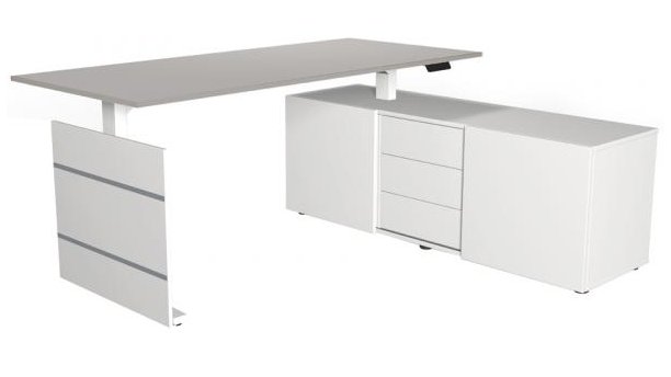 Sitz- u. Stehschreibtisch als Auflageschreibtische mit Büroschrank als Tischauflage