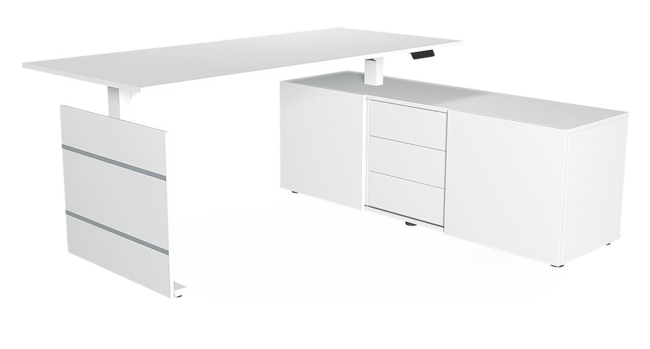 Sitz- u. Steh-Auflageschreibtisch mit Büroschrank als Tischauflage Arbeitshöhe von 72 bis 120 cm elektrisch einstellbar