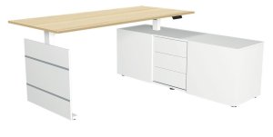 Sitz- u. Stehschreibtisch mit Büroschrank als Tischauflage Sitz- u. Stehschreibtisch mit Büroschrank als Tischauflage Tischhöhe stufenlos elektrisch einstellbar