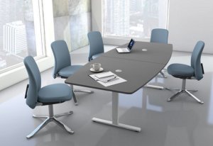 höhenverstellbarer 6-Personen-Besprechungstisch als Sitz- und Stehbesprechungstisch 