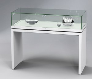 moderne Wangengestell-Tischvitrine aufklappbare abschließbare Glashaube