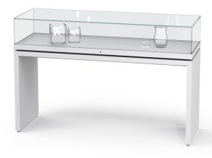 moderne Wangengestell-Tischvitrine aufklappbare abschließbare Glashaube
