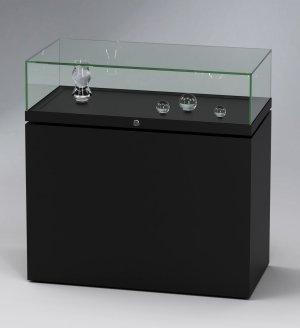 Preiswerte robuste Thekenvitrine aufklappbare Glashaube auf Sockel in RAL-Farbe