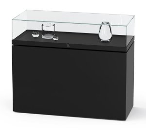 massive  Thekenvitrine mit aufklappbarer Vitrinenhaube Gasdruckfedern