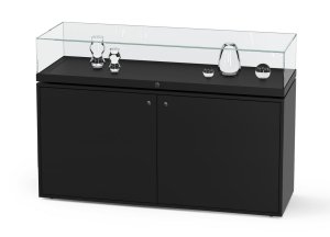 hochwertige Thekenvitrine mit rahmenloser Glashaube mit Gasdruckfedernöffnung auf Unterschrank