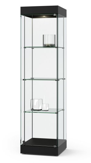 rahmenlose Ganzglas-Standvitrine quadratisch LED-Deckenspot 50 x 50 x 190 cm