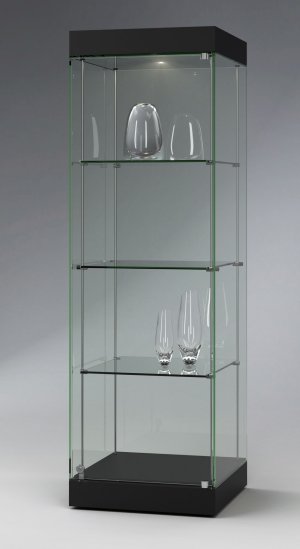 stabile Ganzglas-Standvitrine ohne Rahmenprofile mit LED-Deckbeleuchtung