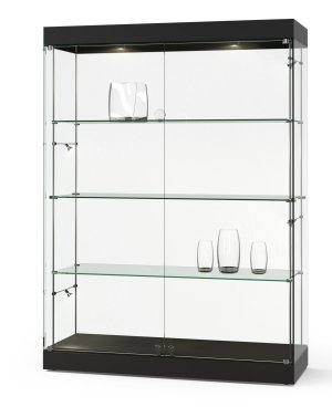 rahmenlose Ganzglas-Schrankvitrine bruchfest gehärtetes Sicherheitsglas LED-Deckenspots