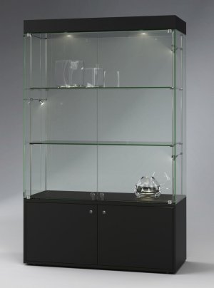 rahmenlose Ganzglas-Schrankvitrine mit Unterschrank, LED-Deckenbeleuchtung
