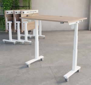 kleiner Seminartisch mit hochklappbarer und höhenverstellbarer Tischplatte 
