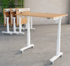 Sitz-Steh-Seminartisch platzsparende Lagerung durch hochklappbare Tischplatte einfahrbare Tischgestelle