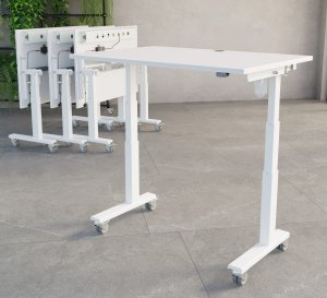 Mobiler Seminartisch hochklappbare Tischplatte Sitz- und Steharbeitstisch