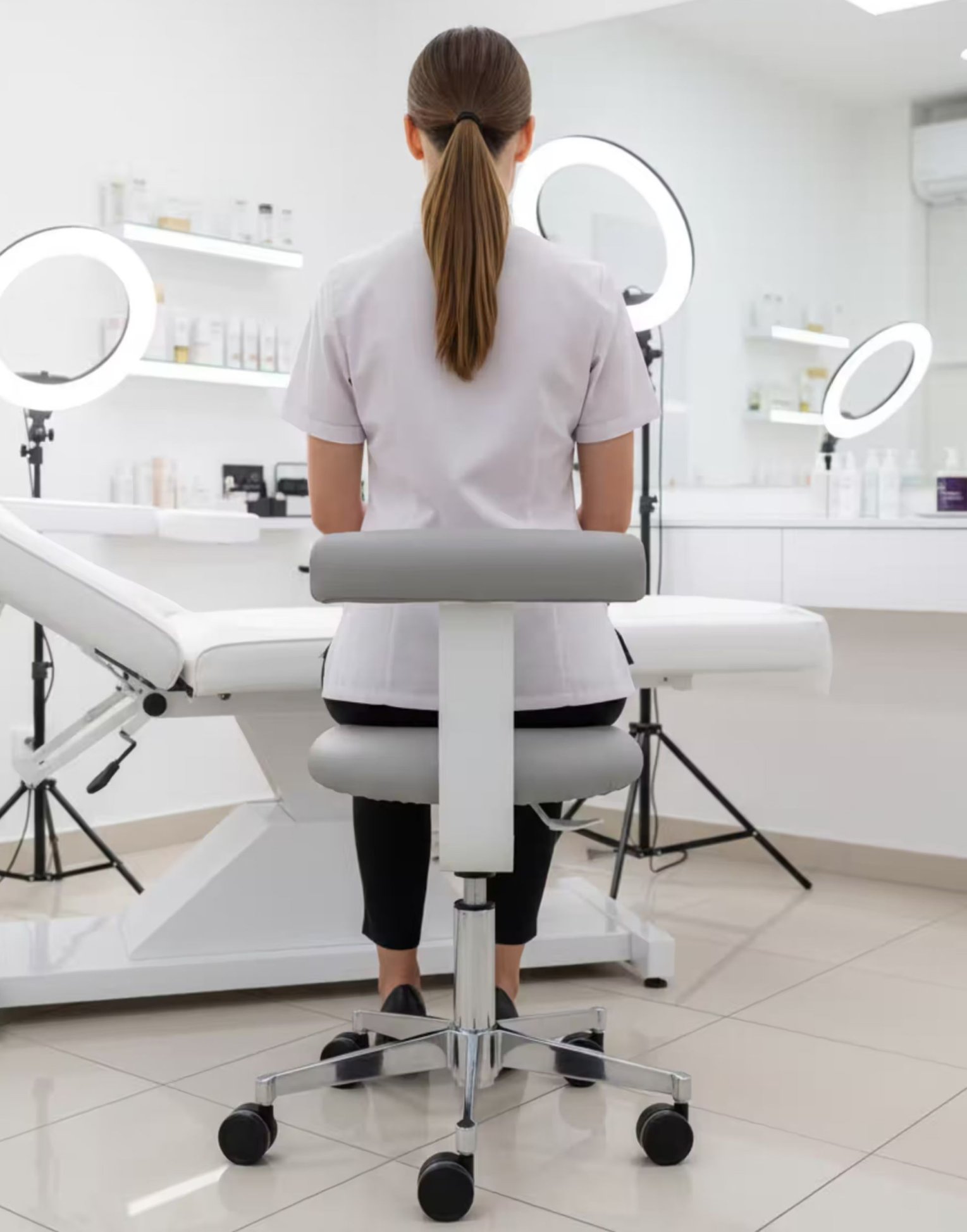 robuster bequemer Arbeitshocker mit Laufrollen, abwaschbarer Sitzbezug
