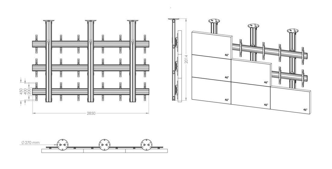 9-Flatscreen-Videowall Deckenmontage