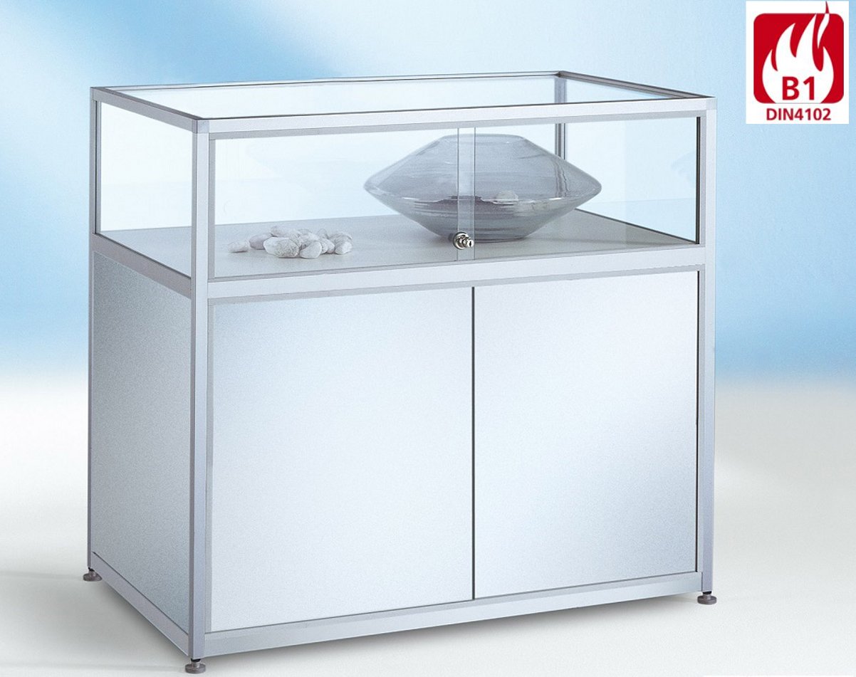Brandschutz-Tischvitrine mit Metall-Unterschrank schwer entflammbar