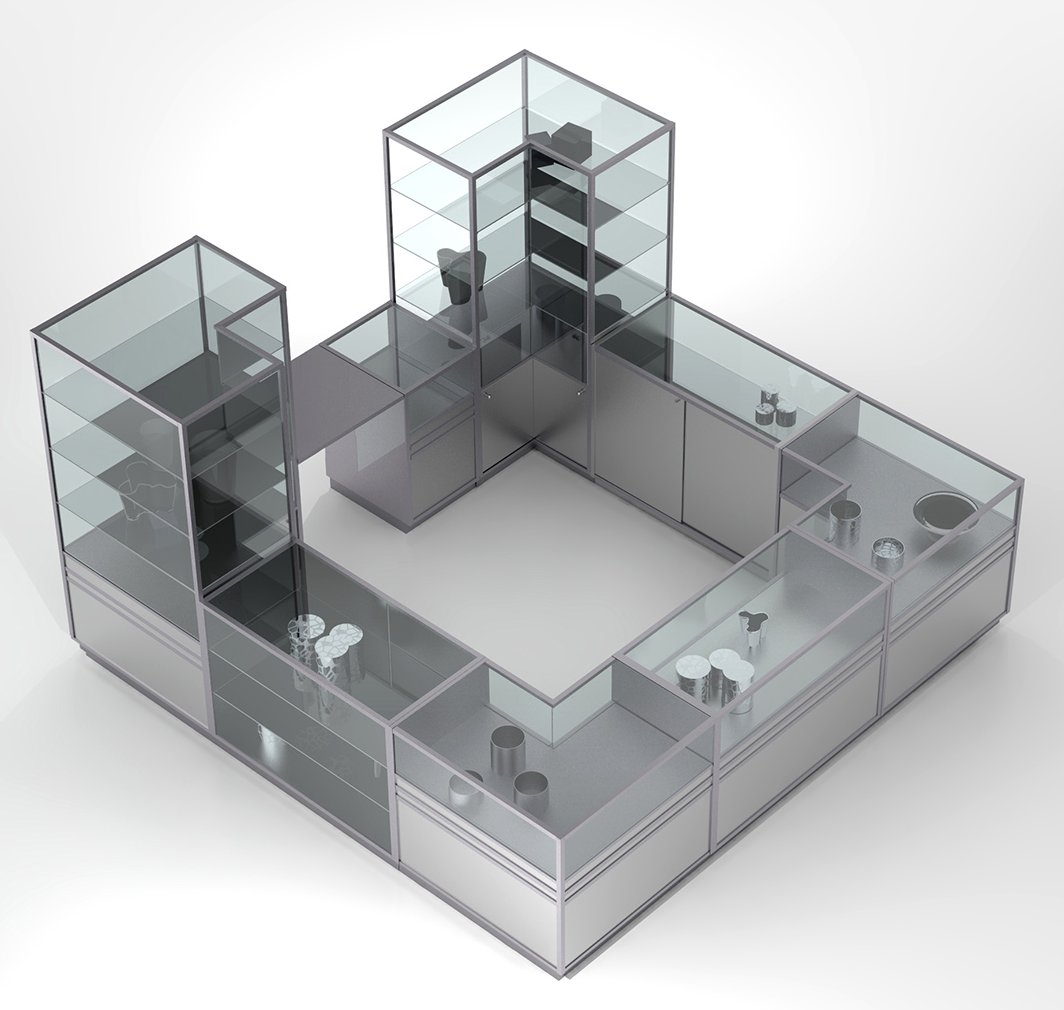 preiswerte frei planbare Shopinsel mit Eckvitrinen und Thekenvitrinen