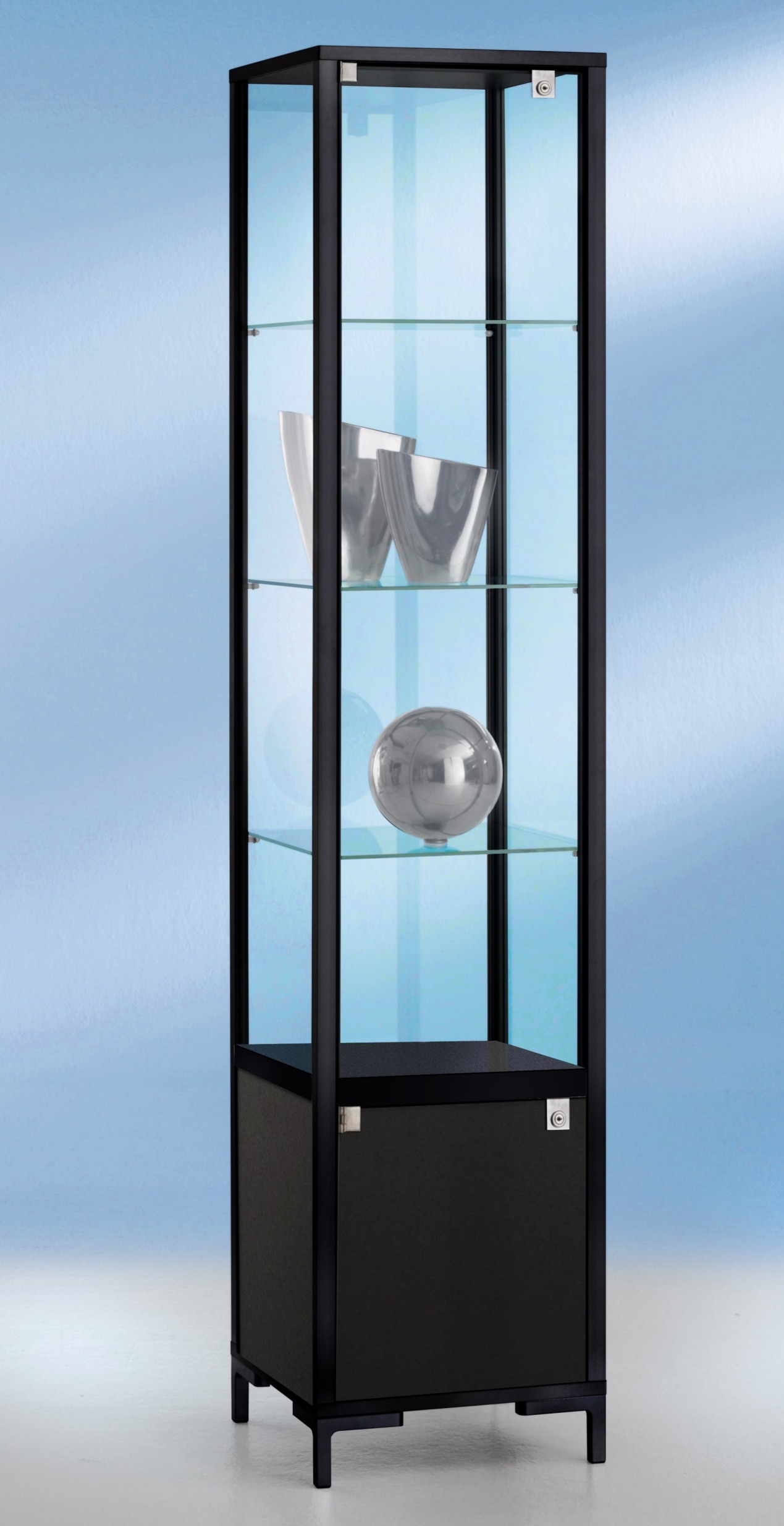 Quadratische Standvitrine mit Staufach robuste Shopvitrine